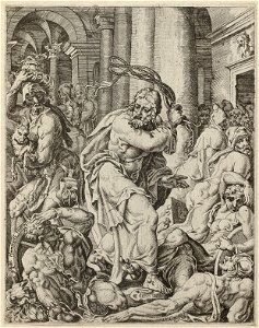 Christus verdrijft de geldwisselaars uit de tempel (Matheus 2112-13 Marcus 1115-17 Lucas 1945-46 Johannes 214-16). NL-HlmNHA 1477 53008602