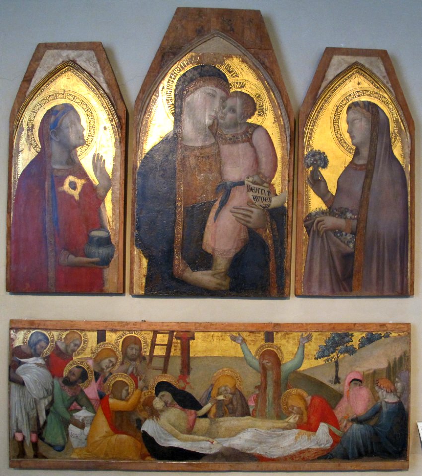 Ambrogio lorenzetti, madonna col bambino e le sante m. maddalena e marta, compianto, 01