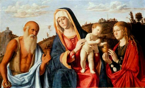 Cima da Conegliano, Madonna col Bambino tra S. Geremia e Maria Maddalena. ca. 1495. Free illustration for personal and commercial use.