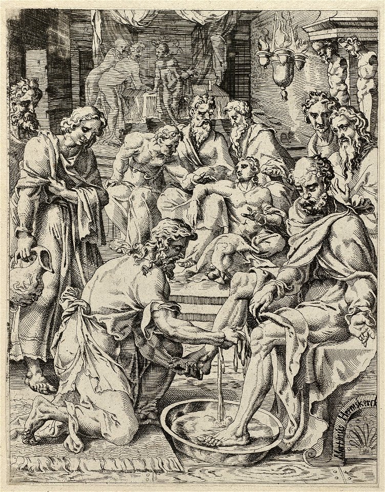 Christus wast de voeten van de discipelen (Johannes 133-12). NL-HlmNHA 1477 53008607