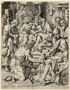Christus wast de voeten van de discipelen (Johannes 133-12). NL-HlmNHA 1477 53008607