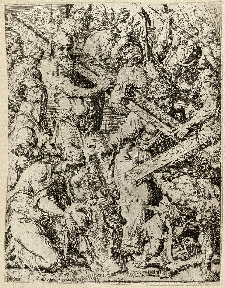 Christus draagt het kruis en het wonder van de Veronica doek (Matheus 2732 Marcus 1521 Lucas 2326-31). NL-HlmNHA 1477 53008619