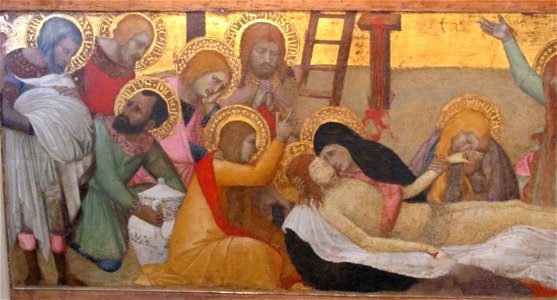 Ambrogio lorenzetti, madonna col bambino e le sante m. maddalena e marta, compianto, 02