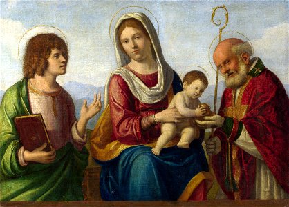 Cima da Conegliano, Madonna col Bambino tra i santi Giovanni evangelista e Nicola di Bari. Free illustration for personal and commercial use.