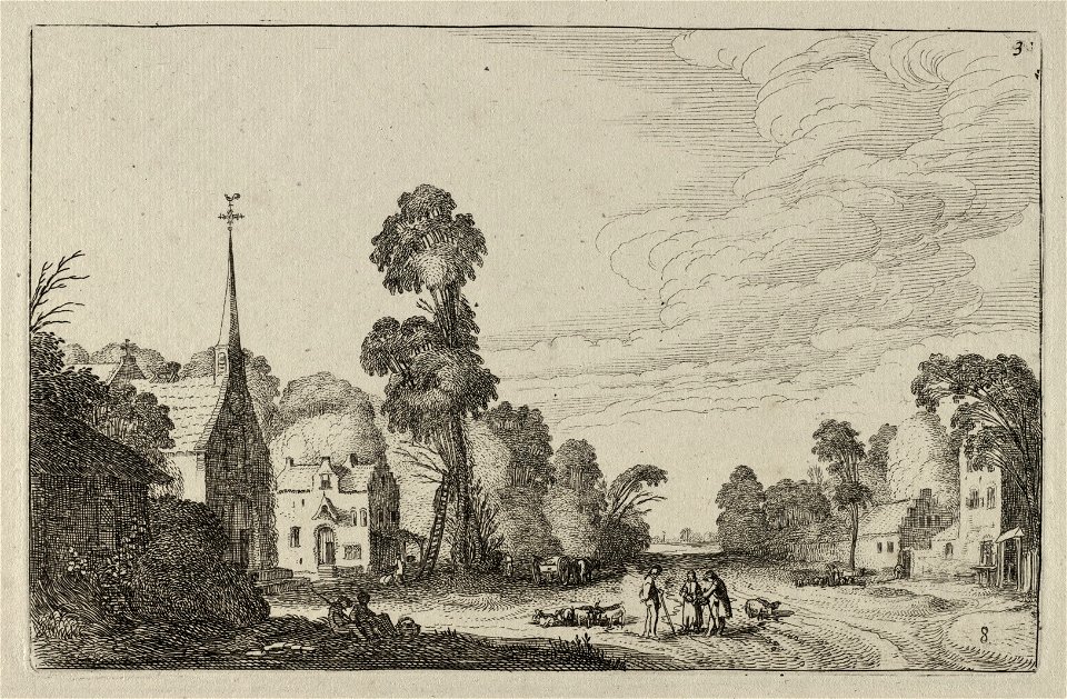 Converserende figuren op een weg tussen de huizen van een dorp. NL-HlmNHA 53012444