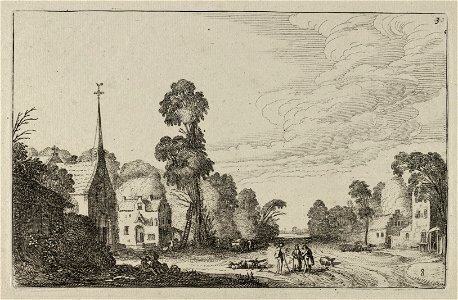 Converserende figuren op een weg tussen de huizen van een dorp. NL-HlmNHA 53012444
