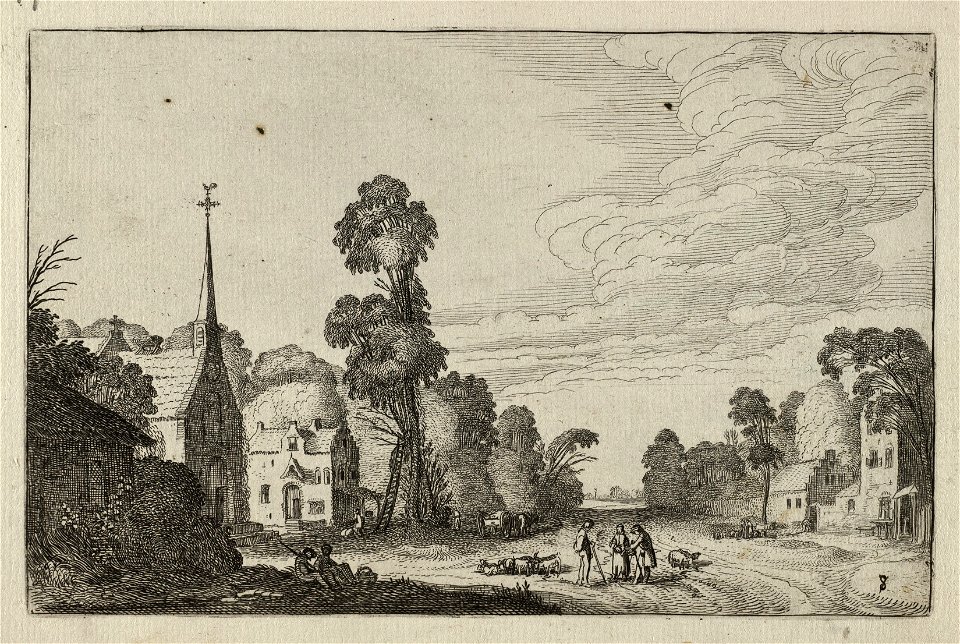 Converserende figuren op een weg tussen de huizen van een dorp. NL-HlmNHA 53012445