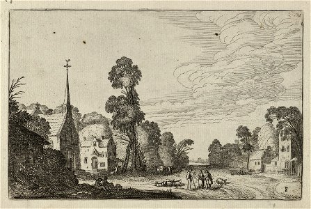 Converserende figuren op een weg tussen de huizen van een dorp. NL-HlmNHA 53012445
