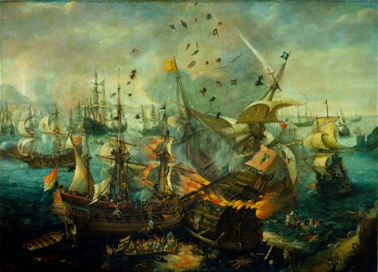 Cornelis van Wieringen (attrib.) - Het ontploffen van het Spaanse admiraalschip tijdens de zeeslag bij Gibraltar. Free illustration for personal and commercial use.