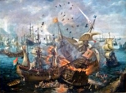 Cornelis Claesz van Wieringen - Het ontploffen van het Spaanse admiraalschip tijdens de zeeslag bij Gibraltar 001. Free illustration for personal and commercial use.