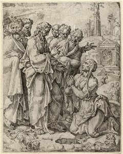 Christus en de vrouw uit Canaan (Matheus 1522-28 Marcus 1241-44). NL-HlmNHA 1477 53008604