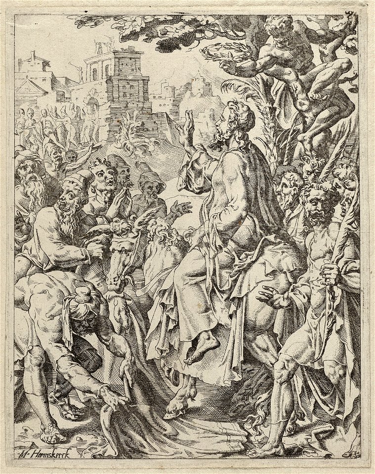 Christus intocht in Jeruzalem (Matheus 217-9 Marcus 117-10 Lucas 1935-39 Johannes 1212-19). NL-HlmNHA 1477 53008605