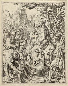 Christus intocht in Jeruzalem (Matheus 217-9 Marcus 117-10 Lucas 1935-39 Johannes 1212-19). NL-HlmNHA 1477 53008605