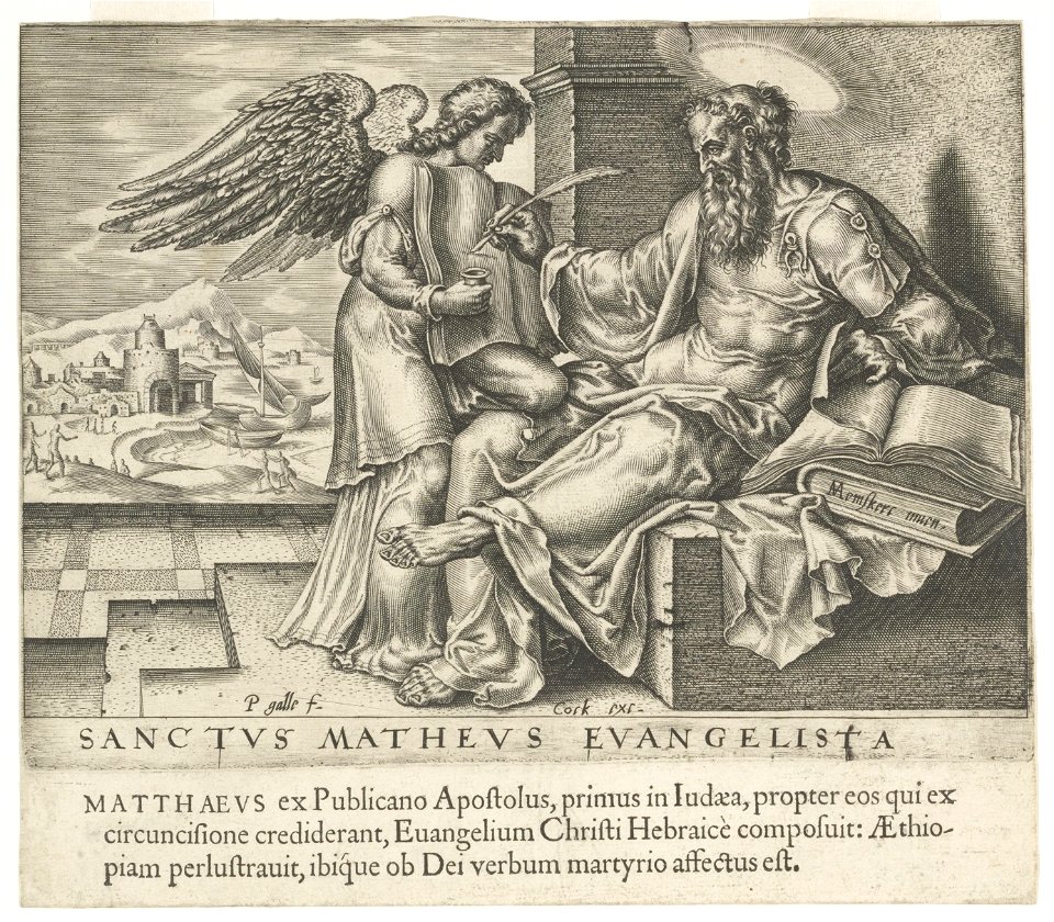 De evangelist Matteüs schrijft zijn evangelie. De engel assisteert hem door de inktpot vast te houden. Links een landschap. NL-HlmNHA 53008175