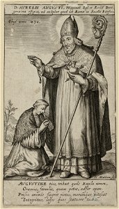 De heilige Augustinus, met mijter en bisschopsstaf en een doorboord hart in de hand. Voor hem een knielende priester. NL-HlmNHA 1477 53010711