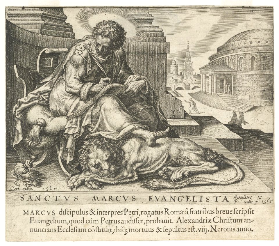 De evangelist Marcus schrijft zijn evangelie. Hij zit op een stoel met de leeuw slapend aan zijn voeten. Rechts een gezicht op een stad. NL-HlmNHA 53008176