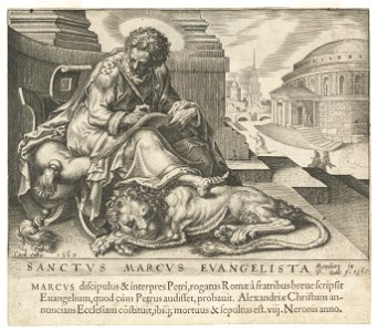 De evangelist Marcus schrijft zijn evangelie. Hij zit op een stoel met de leeuw slapend aan zijn voeten. Rechts een gezicht op een stad. NL-HlmNHA 53008176