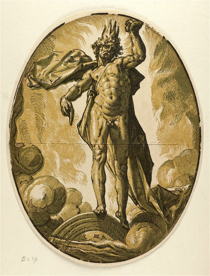 De god Helios of Dies (Dag), staand tussen wolken op een regenboog, omgeven door vlammen. NL-HlmNHA 1477 53008516 M