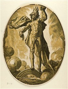 De god Helios of Dies (Dag), staand tussen wolken op een regenboog, omgeven door vlammen. NL-HlmNHA 1477 53008516 M