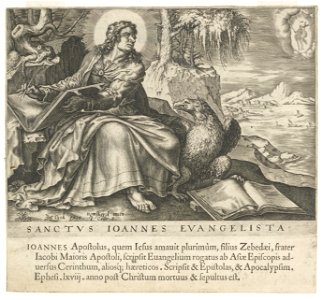 De evangelist Johannes schrijft zijn evangelie. Naast hem zit de adelaar. Johannes kijkt naar de hemel waar Christus met kruis verschijnt. NL-HlmNHA 53008178