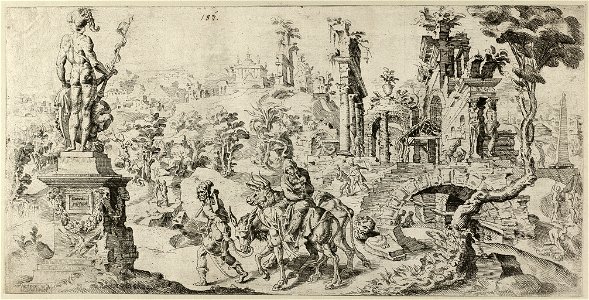 De Heilige Familie op de vlucht naar Egypte. Op de achtergrond een ruïne en de kindermoord van Bethlehem. NL-HlmNHA 1477 53008589