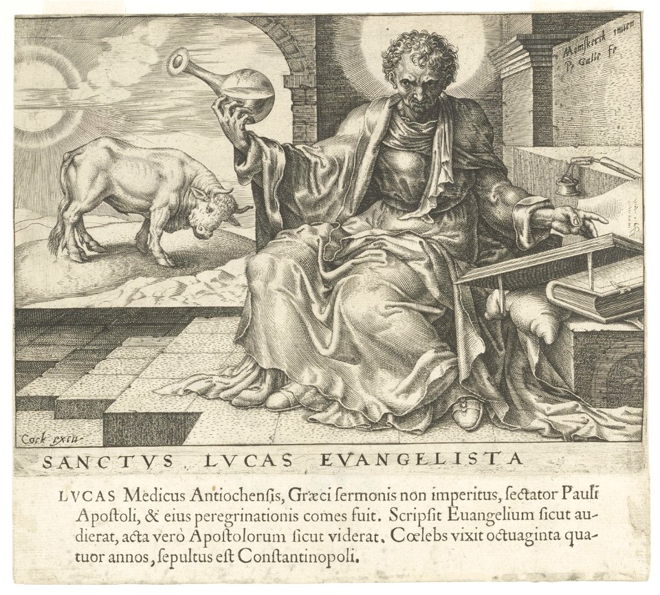 De evangelist Lucas is gekleed als arts en zit met een urinaal in de hand bij zijn evangelie. Links de os. NL-HlmNHA 53008177