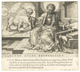 De evangelist Lucas is gekleed als arts en zit met een urinaal in de hand bij zijn evangelie. Links de os. NL-HlmNHA 53008177