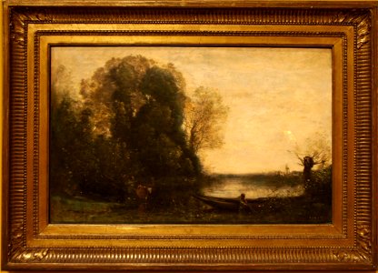Corot le pêcheur en barque à la rive 06986