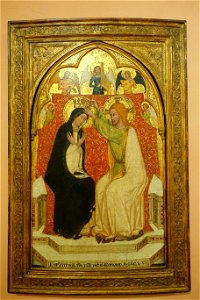 Coronation of the Virgin with Five Angels, view 1, Maestro de 1355 (Maestro Emiliano Lombardo), 1355 AD, tempera and gold on wood - Museo Nacional Centro de Arte Reina Sofía - Madrid, Spain - DSC08536