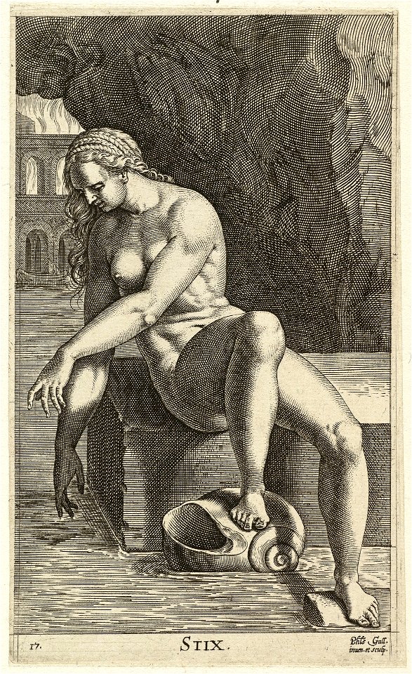 De riviernimf Styx, gezeten op een stenen blok. In de achtergrond de vlammen van de hel. NL-HlmNHA 1477 53008236