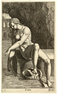 De riviernimf Styx, gezeten op een stenen blok. In de achtergrond de vlammen van de hel. NL-HlmNHA 1477 53008236