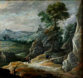 David Teniers - Rocky Landscape with Pilgrims. Free illustration for personal and commercial use.