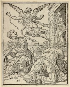 De aartsengel Rafael stijgt op en verlaat Tobias en zijn familie (Tobit 1216-20). NL-HlmNHA 1477 53008581