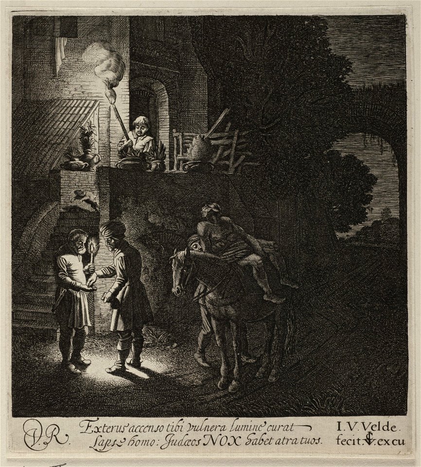 De barmhartige Samaritaan arriveert met de gewonde reiziger bij een herberg en betaalt de herbergier. NL-HlmNHA 53012317