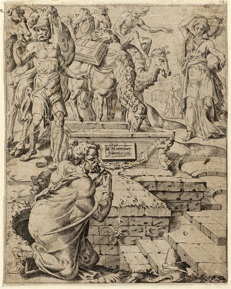 De knecht van Abraham ontmoet Rebekka bij de waterput (Genesis 2411-15), NL-HlmNHA 1477 53008571