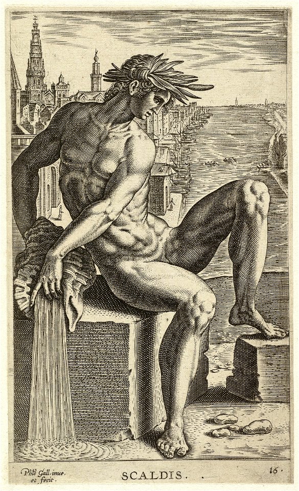 De riviergod Scaldis (de Schelde), gezeten op een stenen blok. In zijn hand een schelp. NL-HlmNHA 1477 53008253