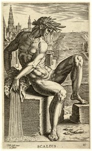 De riviergod Scaldis (de Schelde), gezeten op een stenen blok. In zijn hand een schelp. NL-HlmNHA 1477 53008253