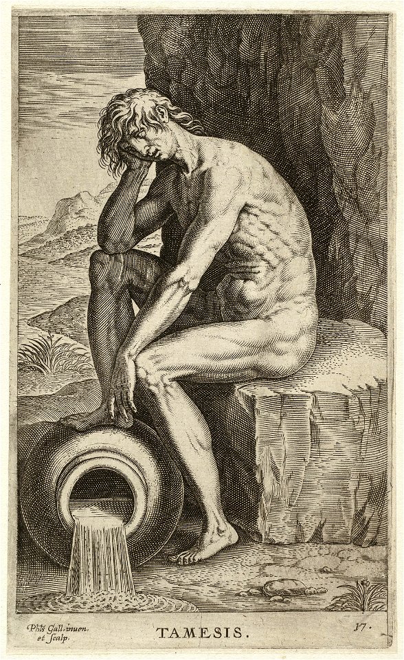De riviergod Tamesis (de Thames), gezeten op een stenen blok. In zijn handen de cornucopia. NL-HlmNHA 1477 53008254