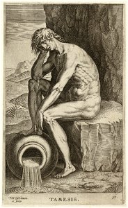 De riviergod Tamesis (de Thames), gezeten op een stenen blok. In zijn handen de cornucopia. NL-HlmNHA 1477 53008254