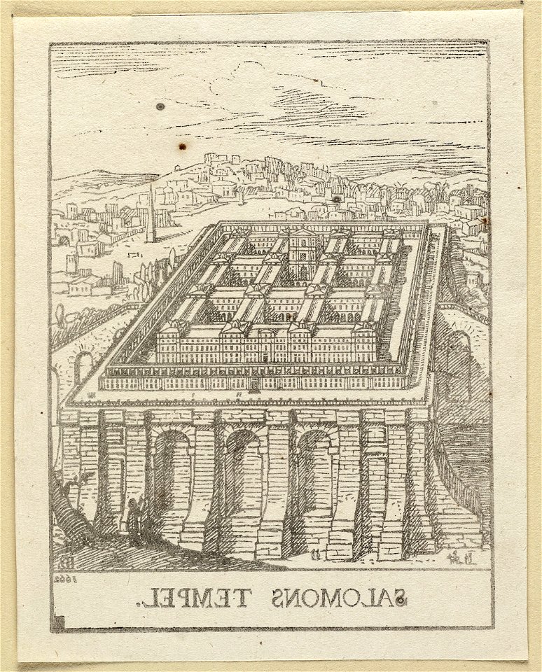 De tempel van Salomo in vogelvlucht. Op de achtergrond Jeruzalem, NL-HlmNHA 1477 53010148