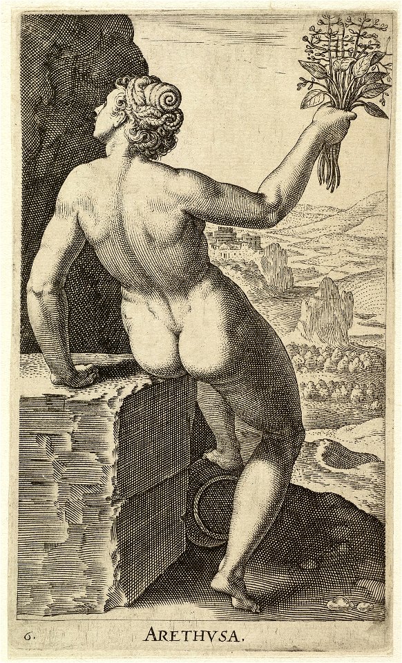 De waternimf Arethusa, gezeten op een stenen blok. NL-HlmNHA 1477 53008225