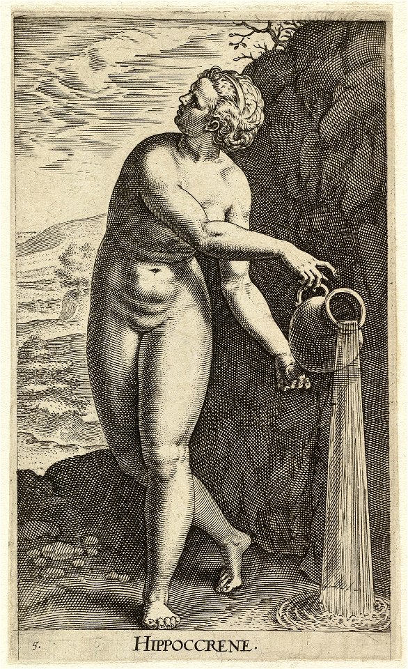 De waternimf Hippoccrene, beschermgodin van de Hengstenbron. Vijfde prent uit een zeventiendelige genummerde serie over stroom- en waternimfen en -godinnen. Gravure door Philips Galle naar e, NL-HlmNHA 1477 53008224