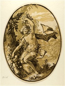 De godin Proserpina, godin van het dodenrijk, gezeten bij een boom, fruit en bloemen in de handen. NL-HlmNHA 1477 53008518 M