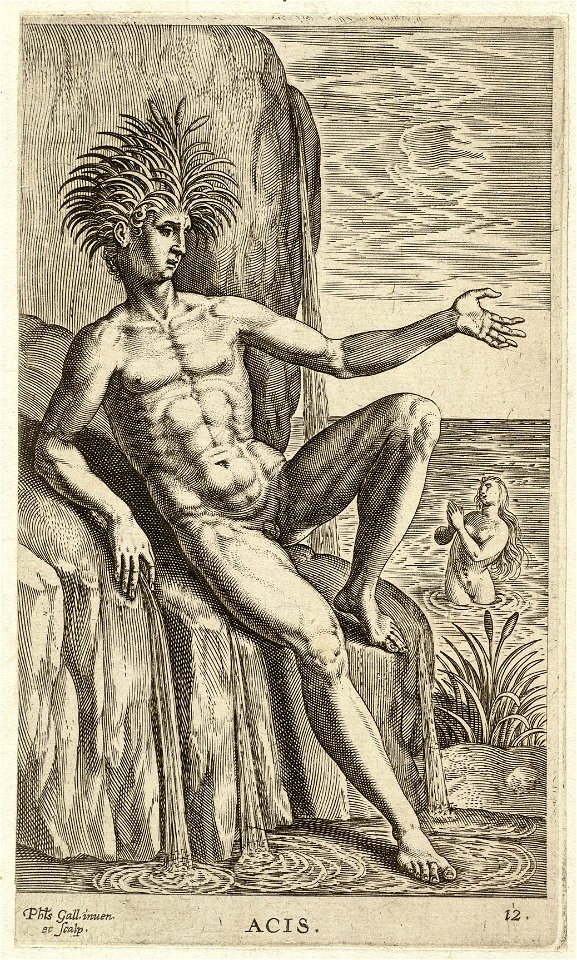 De riviergod Acis (Acireale), gezeten op een steen. In de achtergrond zijn geliefde, de nimf Galatea. NL-HlmNHA 1477 53008249