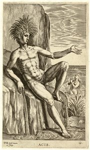 De riviergod Acis (Acireale), gezeten op een steen. In de achtergrond zijn geliefde, de nimf Galatea. NL-HlmNHA 1477 53008249
