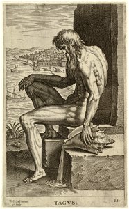 De riviergod Tagus (de Taag), gezeten op een steen. In zijn hand een schelp. NL-HlmNHA 1477 53008250
