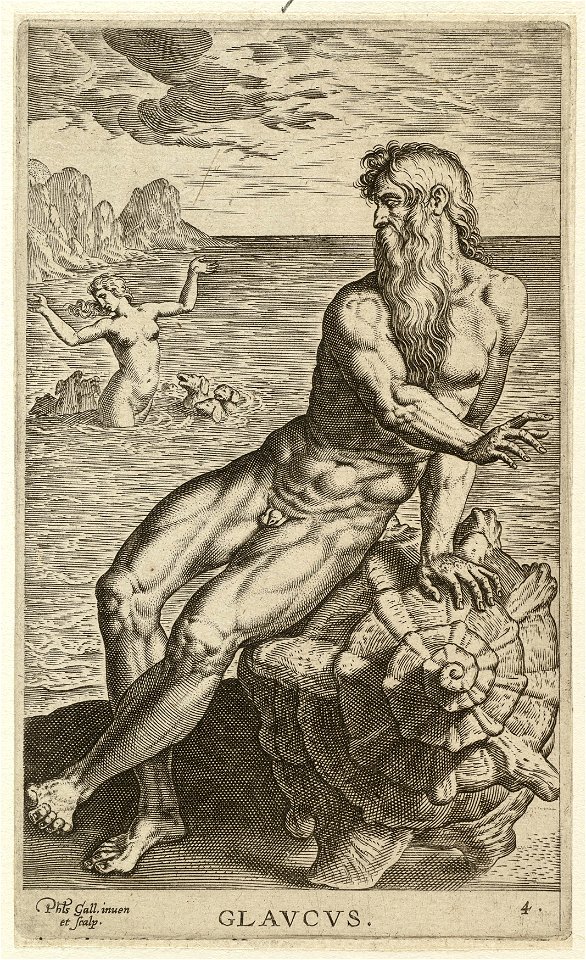 De zeegod Glaucus, gezeten op een schelp. In de achtergrond de nimf Scylla. NL-HlmNHA 1477 53008241
