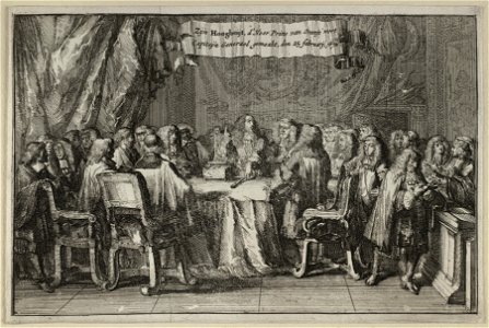 De benoeming van prins Willem III tot kapitein-generaal over de Nederlandse krijgsmacht. Te midden van de leden van de Staten-Generaal legt de prins de eed af. NL-HlmNHA 53009045