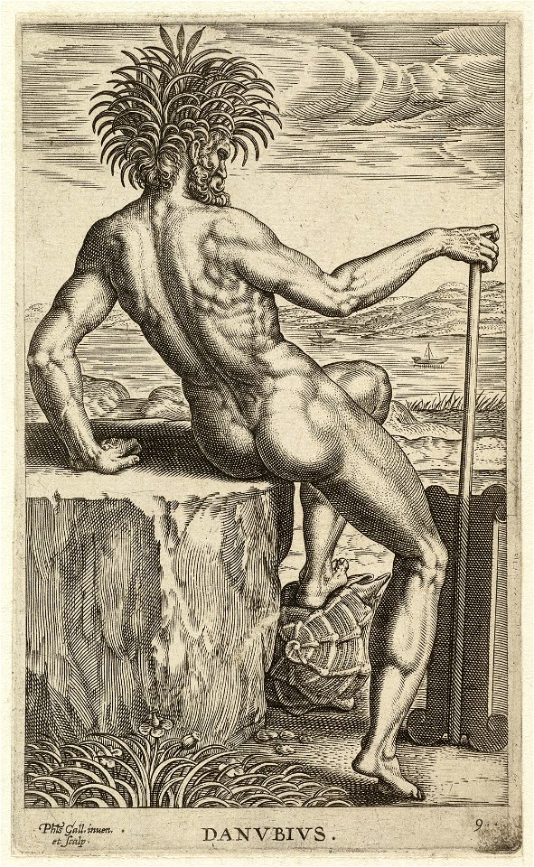 De riviergod Danubius (de rivier Donau), gezeten op een steen. NL-HlmNHA 1477 53008246