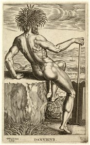 De riviergod Danubius (de rivier Donau), gezeten op een steen. NL-HlmNHA 1477 53008246